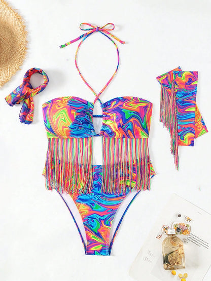Swim Summer Beach All Over Print Criss Cross Halter Neck Bikini Set Sexy Swimsuitswimsuit Set