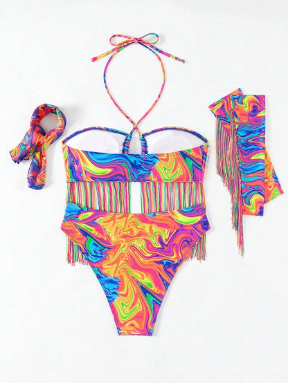Swim Summer Beach All Over Print Criss Cross Halter Neck Bikini Set Sexy Swimsuitswimsuit Set