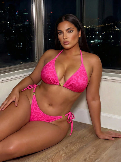 Swim SXY 2026 New Summer Beach Sexy Vacation Women's Tropical Leopard Print Sexy Two Pieces Bikini Set With Metal Accessories, Casual Vacation Outfit, Valentine's Day Women's Wear, Summer Vacation Plu