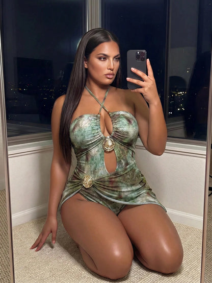 Swim SXY 2026 New Women's Plus Size Summer Fashion One-Piece Swimsuit With Cross Halter Neck Strap, Cut-Out Chest, Metal Trim, Mesh Skirt, Fashion Print, Sexy Vacation Style 2-Piece Set