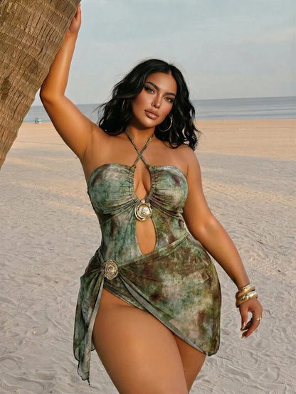 Swim SXY 2026 New Women's Plus Size Summer Fashion One-Piece Swimsuit With Cross Halter Neck Strap, Cut-Out Chest, Metal Trim, Mesh Skirt, Fashion Print, Sexy Vacation Style 2-Piece Set