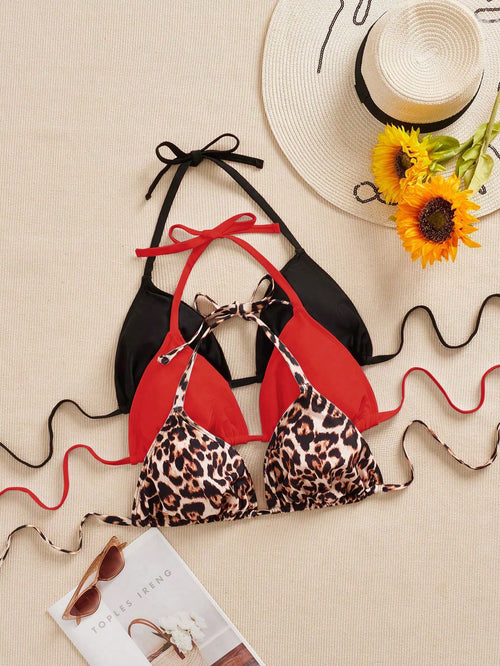 Swim SXY 3pcs Plus Size Women Swimwear Top, Black & White Leopard Print, Adjustable Spaghetti Strap, Minimalist Daily Wear Bikini Top
