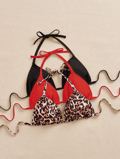 Swim SXY 3pcs Plus Size Women Swimwear Top, Black & White Leopard Print, Adjustable Spaghetti Strap, Minimalist Daily Wear Bikini Top