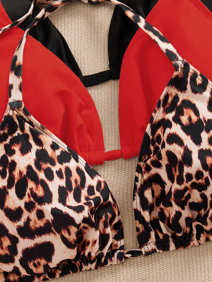 Swim SXY 3pcs Plus Size Women Swimwear Top, Black & White Leopard Print, Adjustable Spaghetti Strap, Minimalist Daily Wear Bikini Top