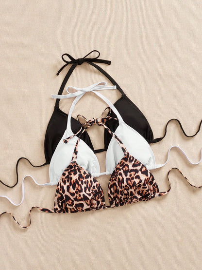 Swim SXY 3pcs Plus Size Women Swimwear Top, Black & White Leopard Print, Adjustable Spaghetti Strap, Minimalist Daily Wear Bikini Top
