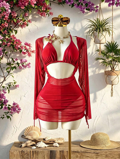 Swim SXY Plus Size 3-Piece Women's Swimsuit Set With Floral Trim, Solid Color, Sexy