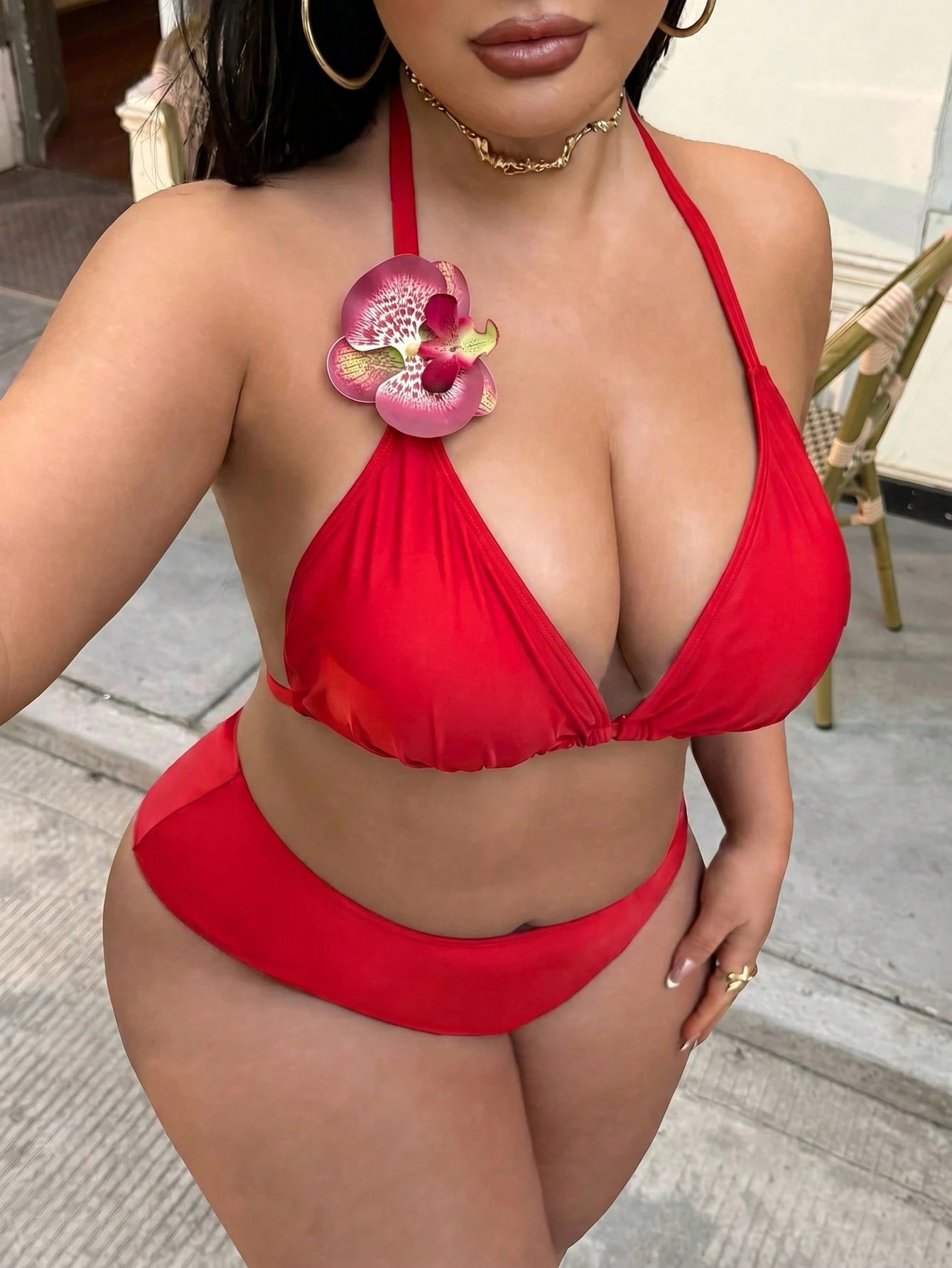 Swim SXY Plus Size 3-Piece Women's Swimsuit Set With Floral Trim, Solid Color, Sexy