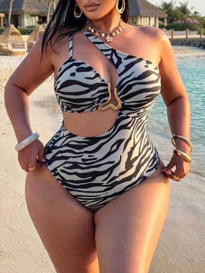 Swim SXY Plus Size One-Piece Swimsuit For Women,Zebra Print Beige Asymmetrical One Shoulder Design,Waist Cutout,Metal Buckle Summer Beach Vacation Holiday