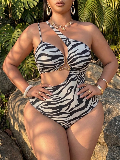 Swim SXY Plus Size One-Piece Swimsuit For Women,Zebra Print Beige Asymmetrical One Shoulder Design,Waist Cutout,Metal Buckle Summer Beach Vacation Holiday