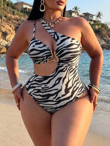 Swim SXY Plus Size One-Piece Swimsuit For Women,Zebra Print Beige Asymmetrical One Shoulder Design,Waist Cutout,Metal Buckle Summer Beach Vacation Holiday