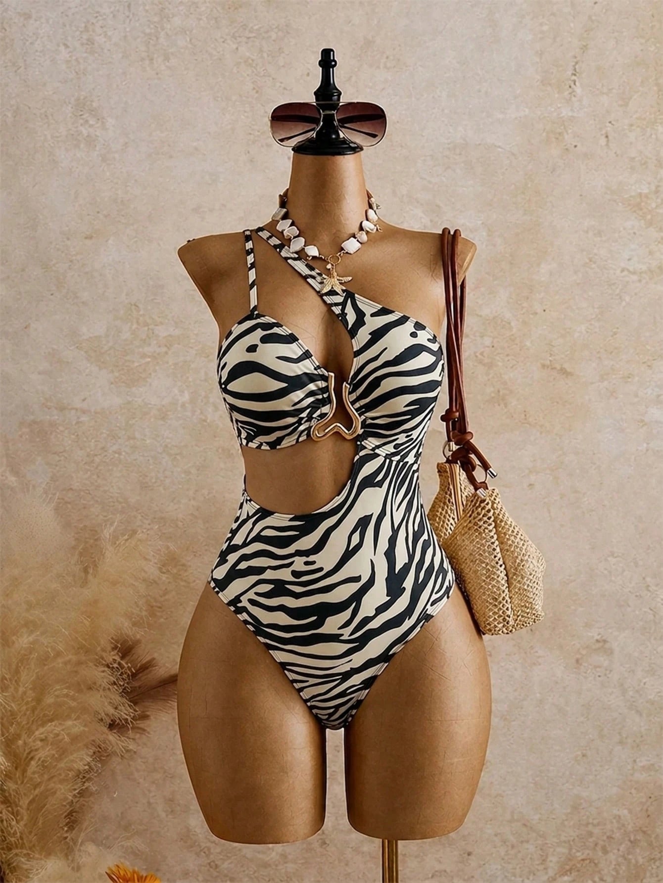 Swim SXY Plus Size One-Piece Swimsuit For Women,Zebra Print Beige Asymmetrical One Shoulder Design,Waist Cutout,Metal Buckle Summer Beach Vacation Holiday