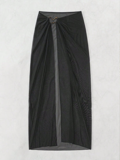 Swim SXY Plus Size Women's Sheer Tropical Semi-Transparent Vacation Beach Skirt Black Summer
