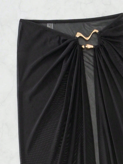 Swim SXY Plus Size Women's Sheer Tropical Semi-Transparent Vacation Beach Skirt Black Summer