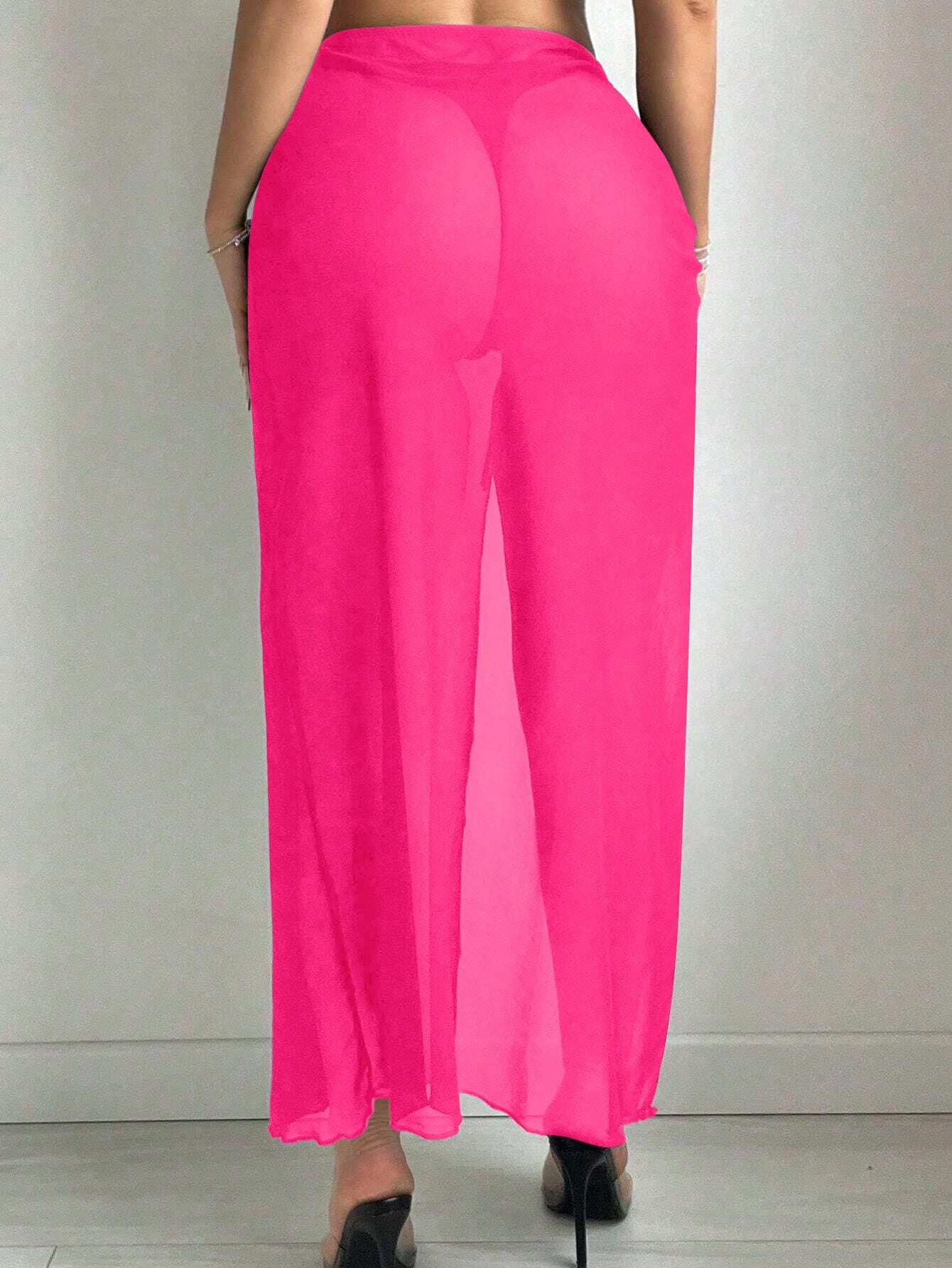 Swim SXY Solid Color Side Drawstring Slit Long Skirt Cover Up, For Vacation, Summer Beach