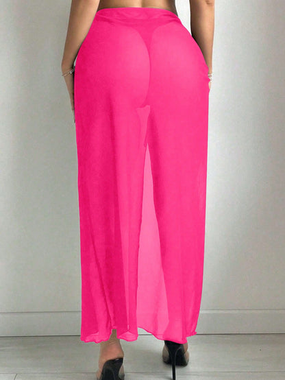 Swim SXY Solid Color Side Drawstring Slit Long Skirt Cover Up, For Vacation, Summer Beach