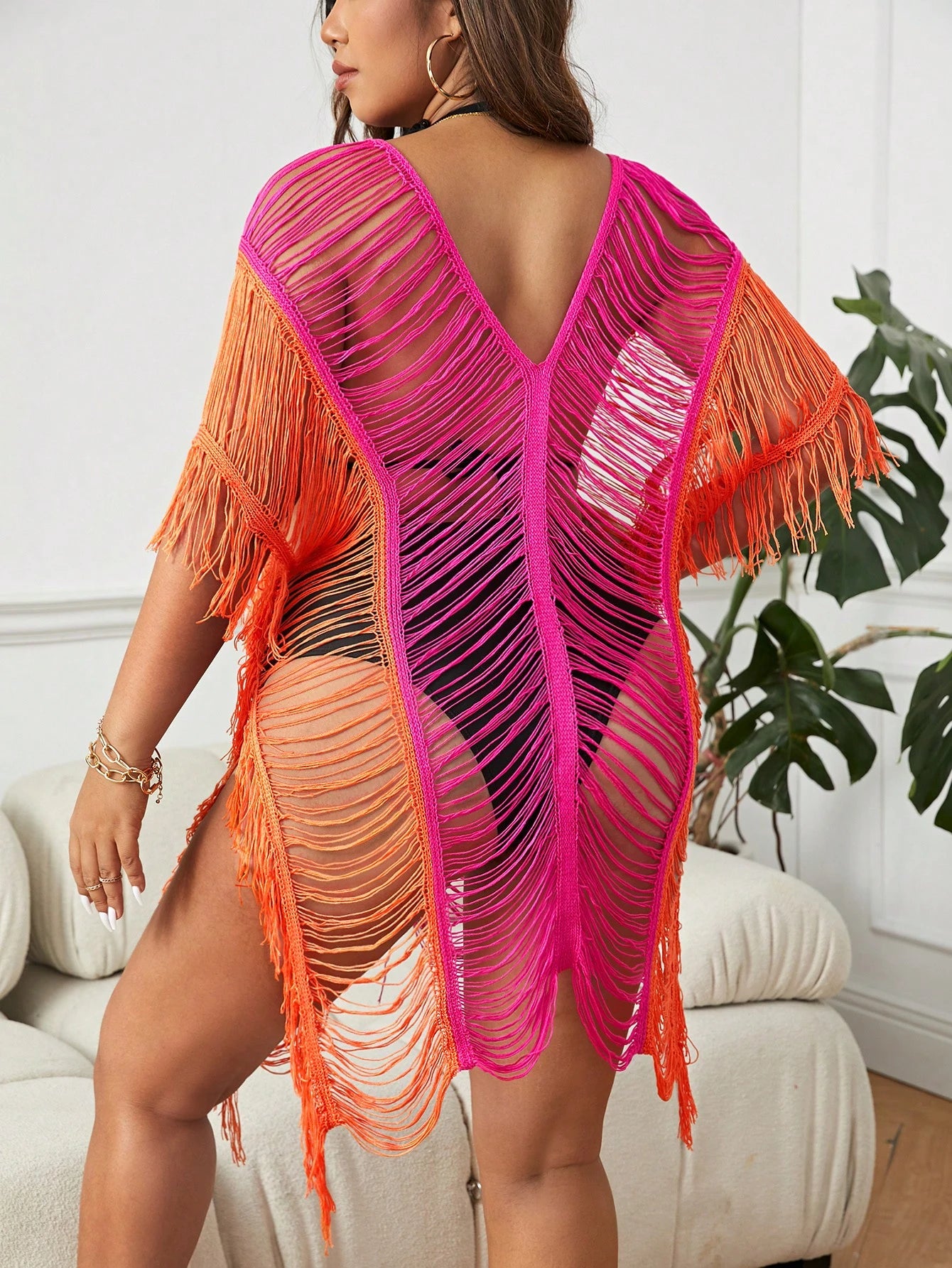 Swim SXY Summer Beach Plus Open Stitch Batwing Sleeve Fringe Hem Cover Up Dress Without Bikini Set