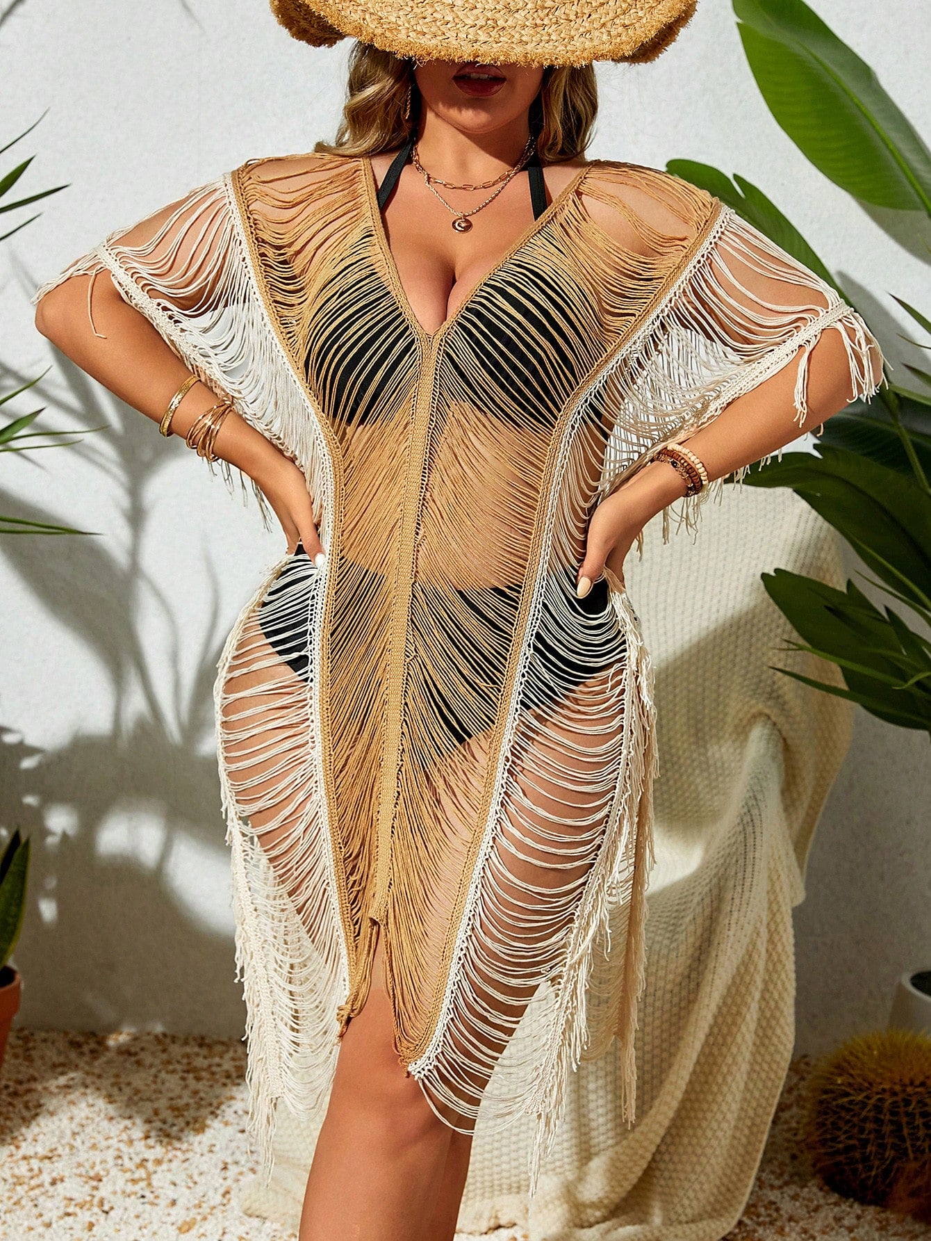 Swim SXY Summer Beach Plus Open Stitch Batwing Sleeve Fringe Hem Cover Up Dress Without Bikini Set