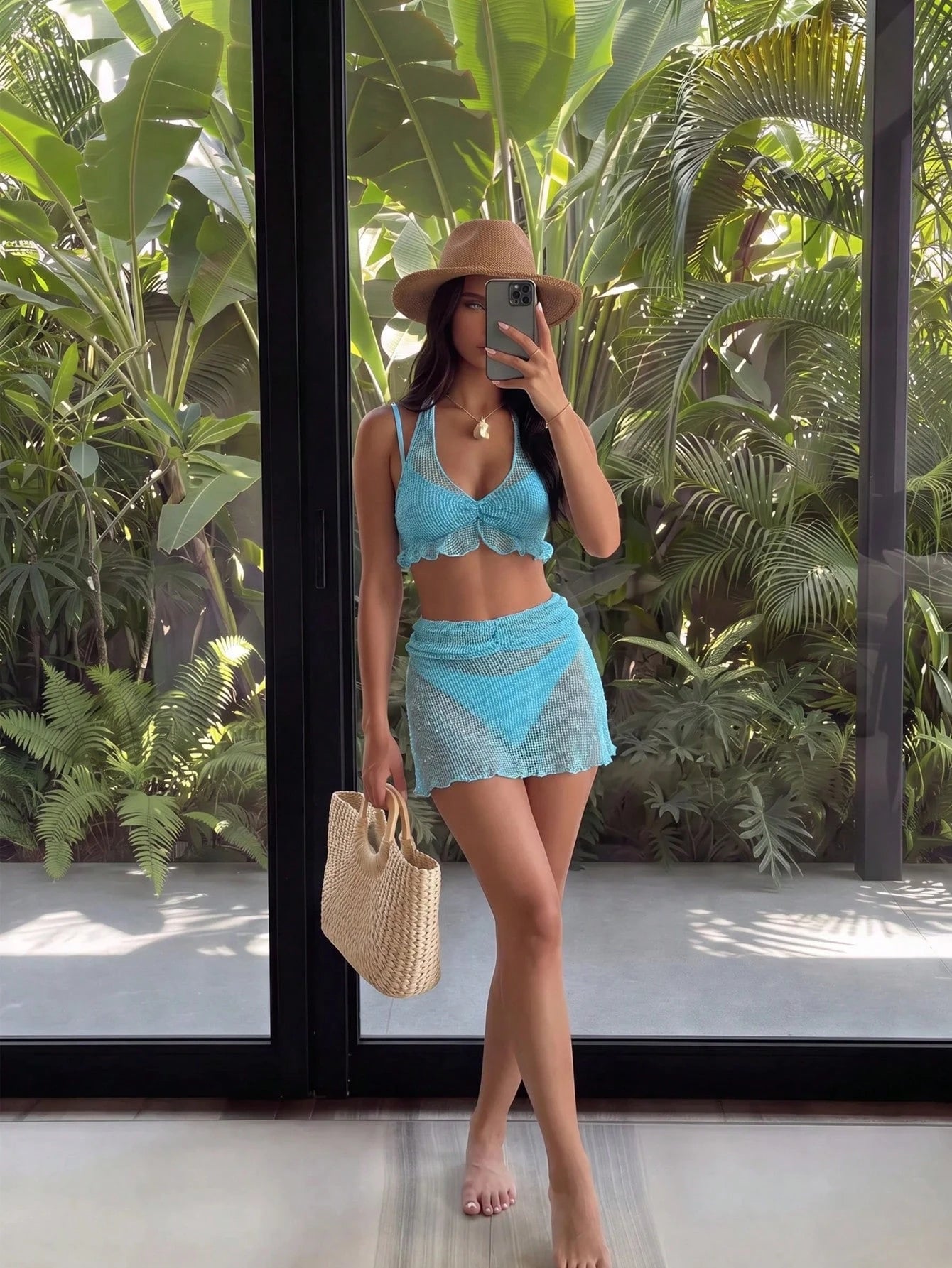 Swim SXY Women's Spring/Summer/Autumn Beach Vacation Casual Elegant Seaside Hot Spring Fashion Popular New Halter Neck Backless Tie-Up Mesh Knit Jacquard Textured Fabric 4-Piece Swimsuit Set