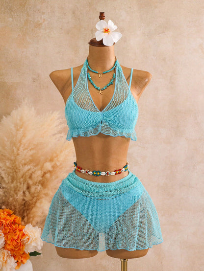 Swim SXY Women's Spring/Summer/Autumn Beach Vacation Casual Elegant Seaside Hot Spring Fashion Popular New Halter Neck Backless Tie-Up Mesh Knit Jacquard Textured Fabric 4-Piece Swimsuit Set