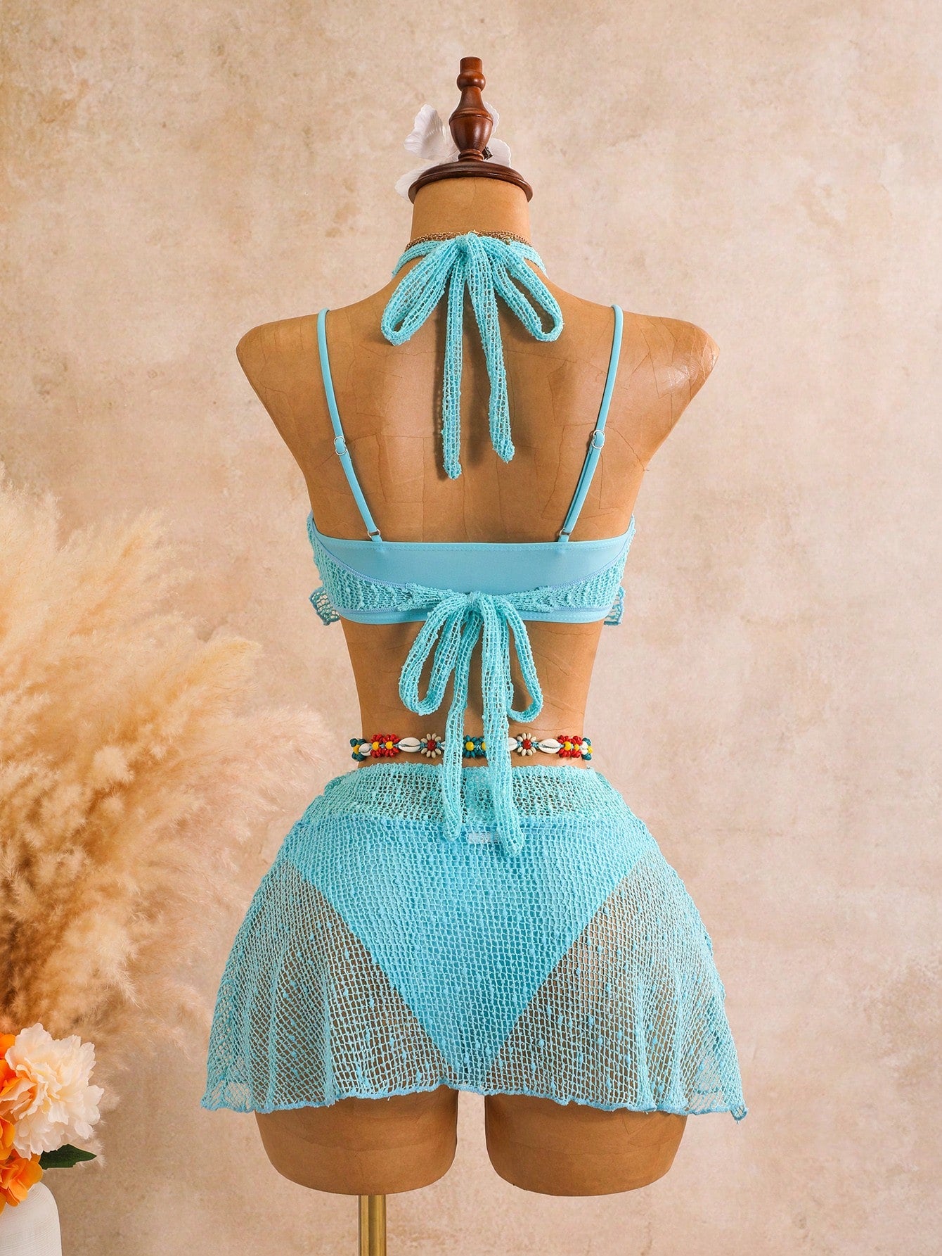 Swim SXY Women's Spring/Summer/Autumn Beach Vacation Casual Elegant Seaside Hot Spring Fashion Popular New Halter Neck Backless Tie-Up Mesh Knit Jacquard Textured Fabric 4-Piece Swimsuit Set
