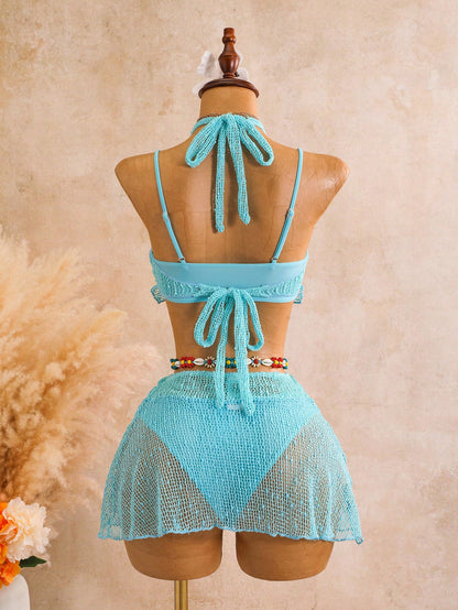 Swim SXY Women's Spring/Summer/Autumn Beach Vacation Casual Elegant Seaside Hot Spring Fashion Popular New Halter Neck Backless Tie-Up Mesh Knit Jacquard Textured Fabric 4-Piece Swimsuit Set