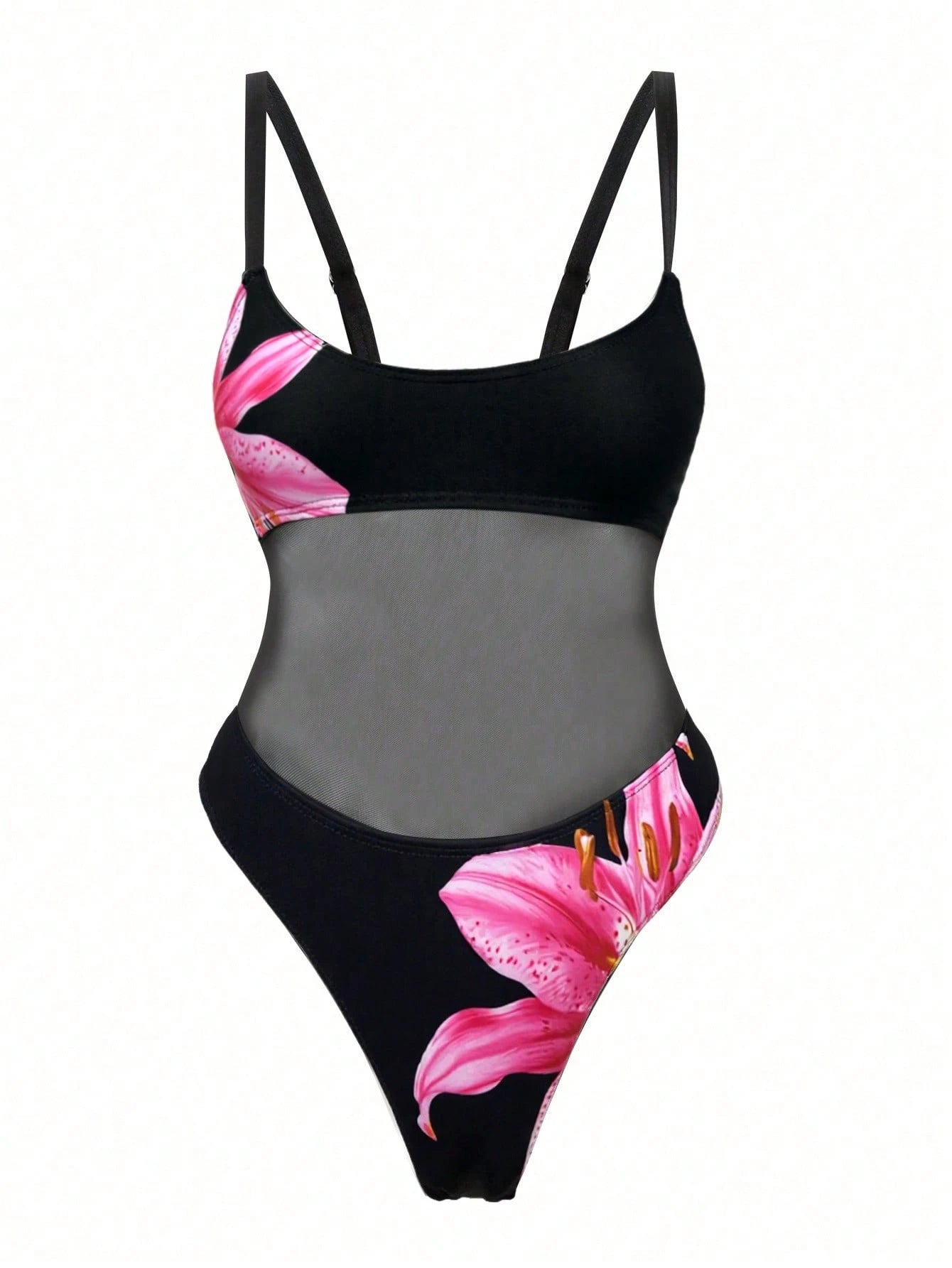 Swim SXY Women's Strappy Solid Color Net Splicing Sexy Hollow One-Piece Swimsuit, Summer Beach Festival Boho Style