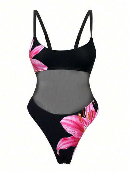 Swim SXY Women's Strappy Solid Color Net Splicing Sexy Hollow One-Piece Swimsuit, Summer Beach Festival Boho Style