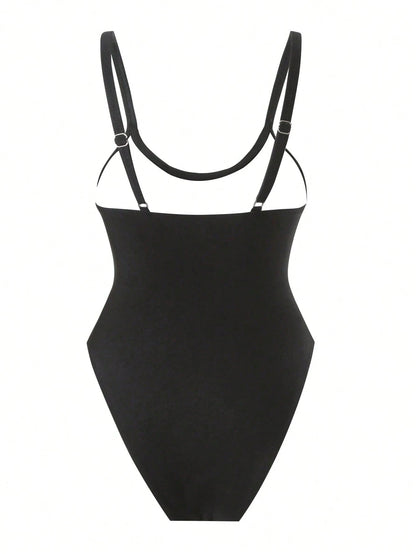 Swim SXY Women's Strappy Solid Color Net Splicing Sexy Hollow One-Piece Swimsuit, Summer Beach Festival Boho Style