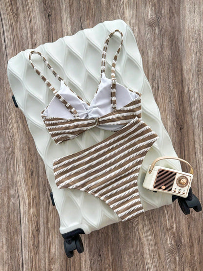 Swim SXY Women's Summer Beach Striped Colorblock Spaghetti Strap Sexy Bikini & Triangle Bottom Two-Piece Swimsuit Set