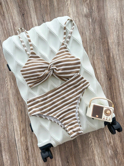 Swim SXY Women's Summer Beach Striped Colorblock Spaghetti Strap Sexy Bikini & Triangle Bottom Two-Piece Swimsuit Set