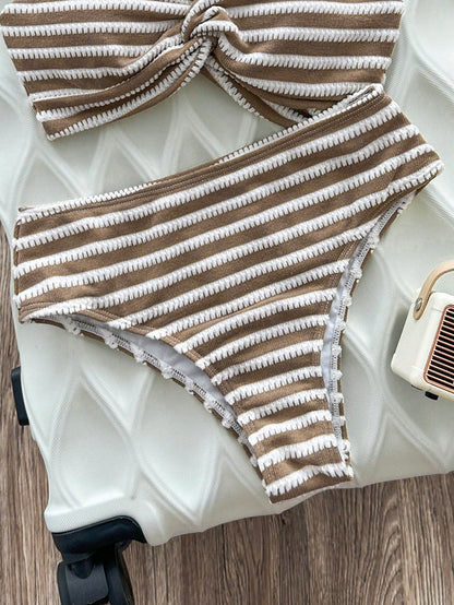 Swim SXY Women's Summer Beach Striped Colorblock Spaghetti Strap Sexy Bikini & Triangle Bottom Two-Piece Swimsuit Set