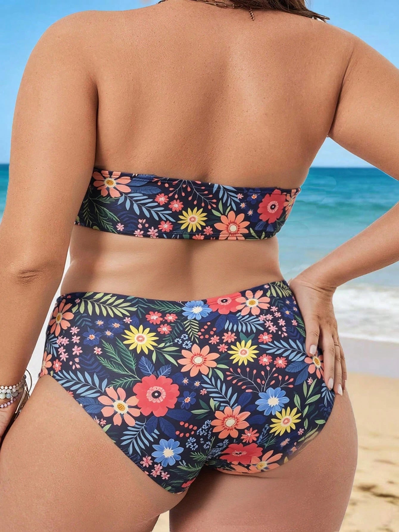 Swim Vcay 2026 New Arrival Plus Size Women 2-Piece Ditsy Floral Sexy Adjustable Strap Cropped Top And High Waist Bikini Bottom Swimwear Set, Casual Vacation Daily Wear