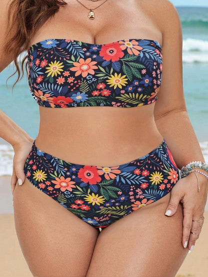 Swim Vcay 2026 New Arrival Plus Size Women 2-Piece Ditsy Floral Sexy Adjustable Strap Cropped Top And High Waist Bikini Bottom Swimwear Set, Casual Vacation Daily Wear
