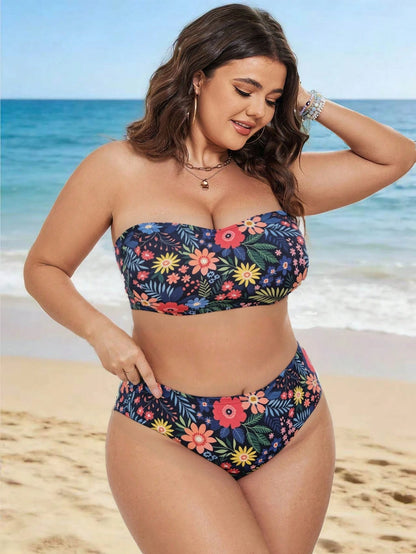 Swim Vcay 2026 New Arrival Plus Size Women 2-Piece Ditsy Floral Sexy Adjustable Strap Cropped Top And High Waist Bikini Bottom Swimwear Set, Casual Vacation Daily Wear