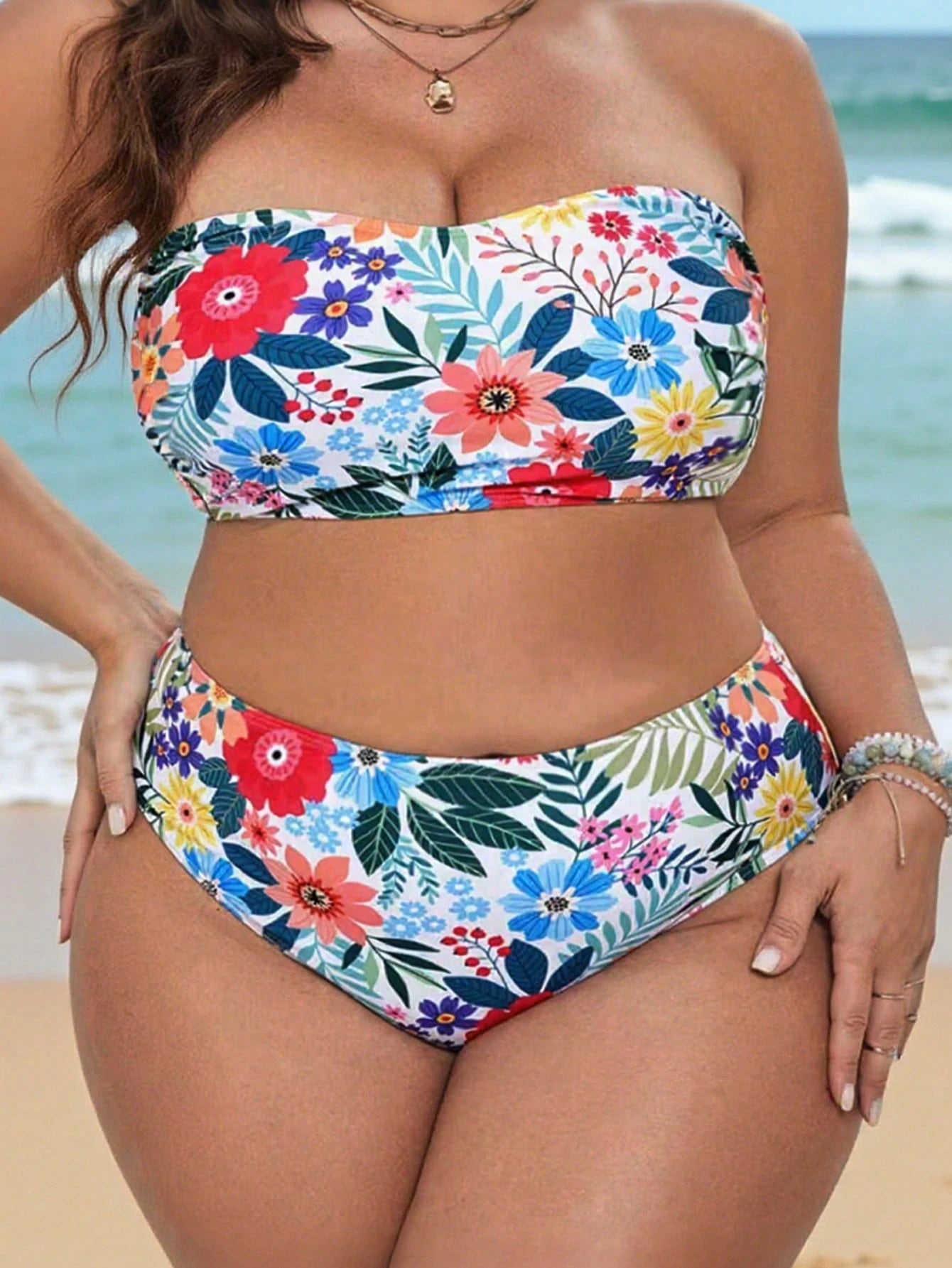 Swim Vcay 2026 New Arrival Plus Size Women 2-Piece Ditsy Floral Sexy Adjustable Strap Cropped Top And High Waist Bikini Bottom Swimwear Set, Casual Vacation Daily Wear