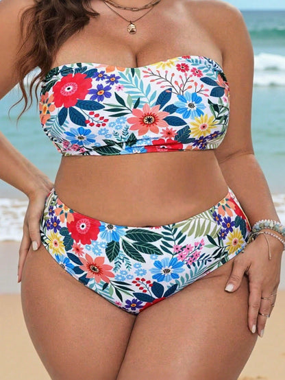 Swim Vcay 2026 New Arrival Plus Size Women 2-Piece Ditsy Floral Sexy Adjustable Strap Cropped Top And High Waist Bikini Bottom Swimwear Set, Casual Vacation Daily Wear