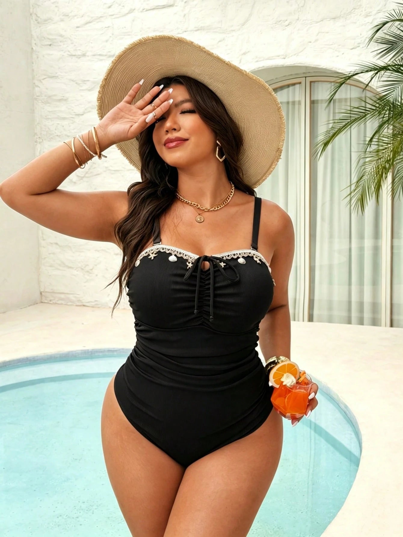 Swim Vcay 2026 New Plus Size Women Beach Vacation Fashion Ruched Detachable Strap One-Piece Starfish Trim Swimsuit