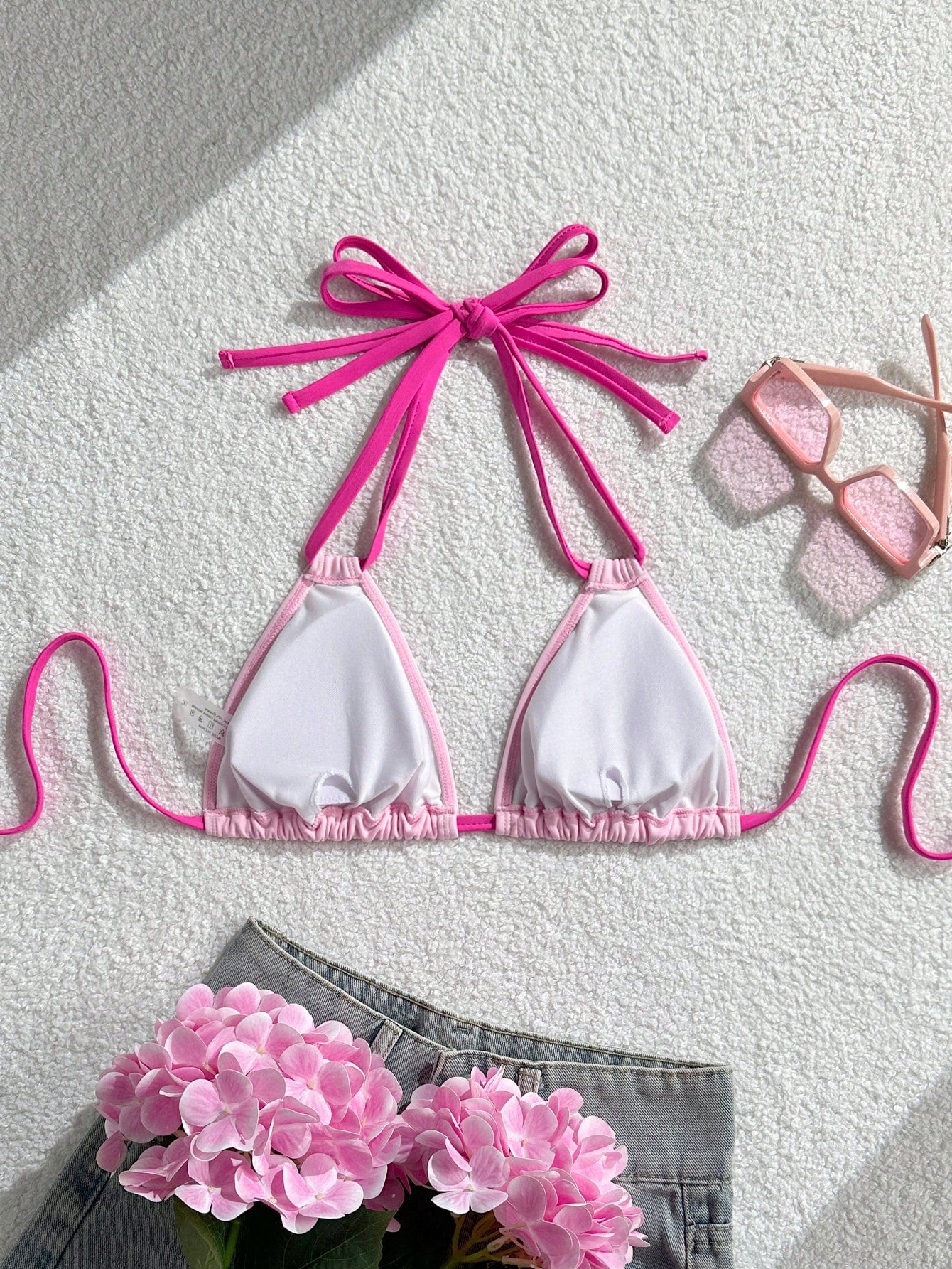 Swim Vcay 2026 New Plus Size Women's Pink Fuchsia Spicy Triangle Bikini Top, Summer Kawaii Beach Holiday Vacation Swimwear, Elegant Party