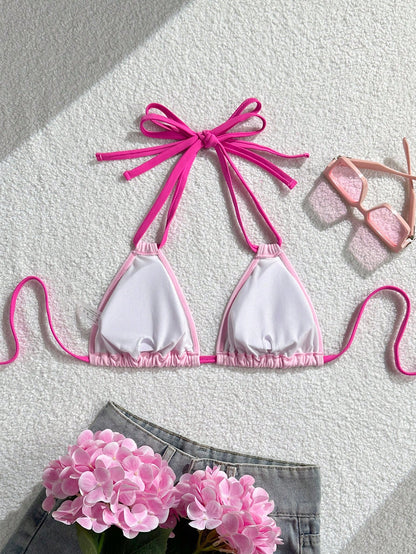 Swim Vcay 2026 New Plus Size Women's Pink Fuchsia Spicy Triangle Bikini Top, Summer Kawaii Beach Holiday Vacation Swimwear, Elegant Party