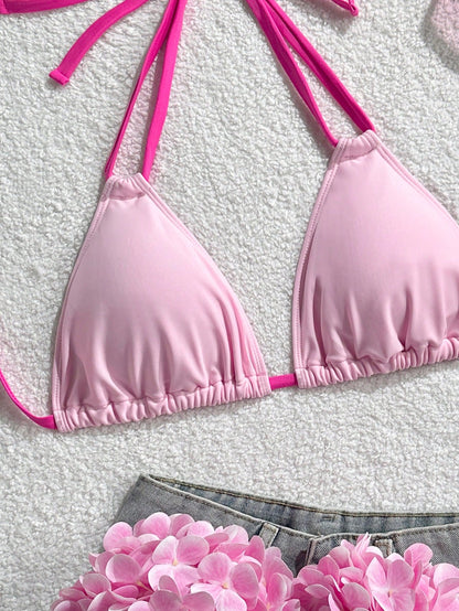 Swim Vcay 2026 New Plus Size Women's Pink Fuchsia Spicy Triangle Bikini Top, Summer Kawaii Beach Holiday Vacation Swimwear, Elegant Party