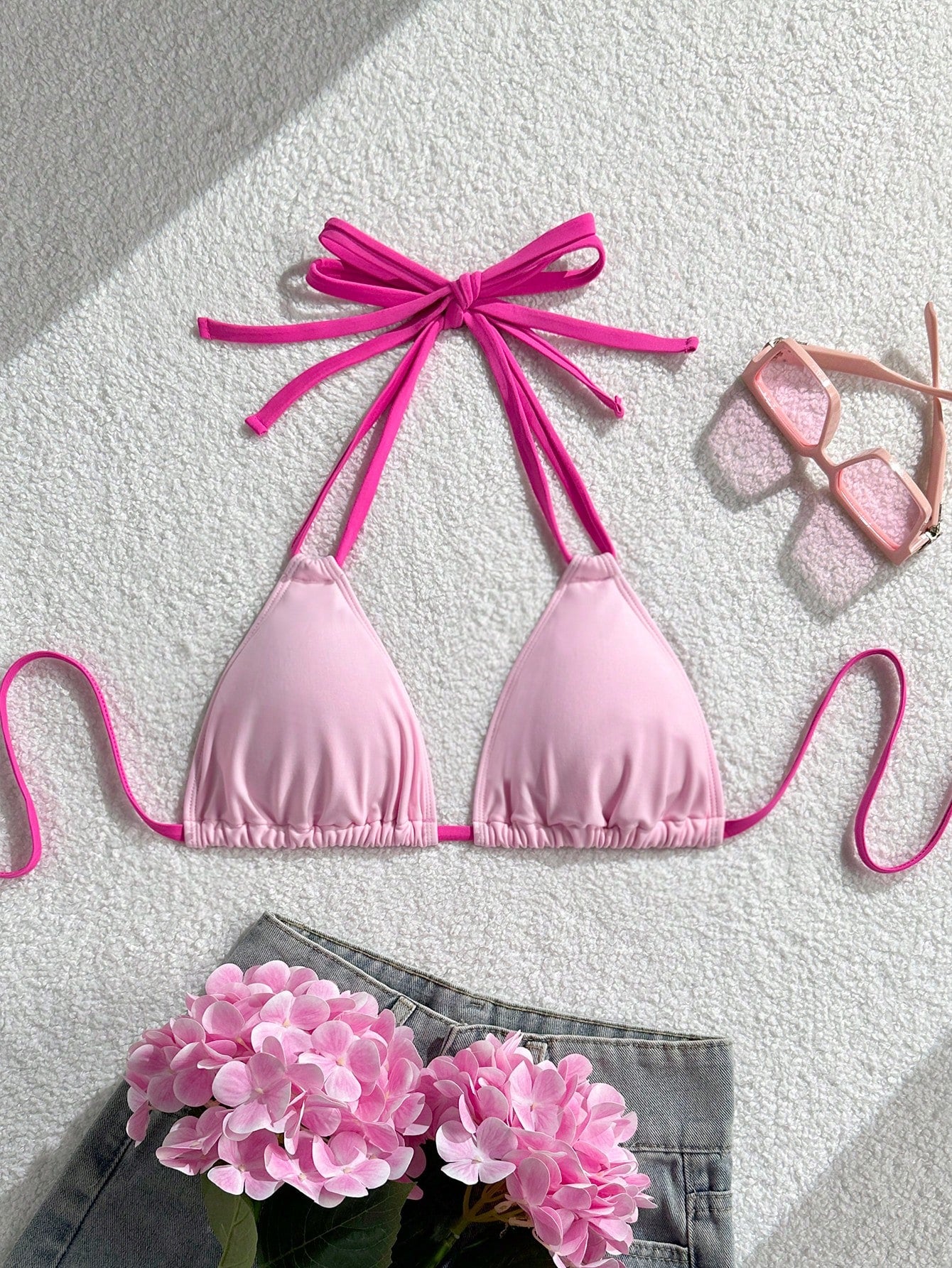 Swim Vcay 2026 New Plus Size Women's Pink Fuchsia Spicy Triangle Bikini Top, Summer Kawaii Beach Holiday Vacation Swimwear, Elegant Party