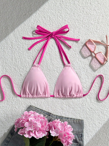 Swim Vcay 2026 New Plus Size Women's Pink Fuchsia Spicy Triangle Bikini Top, Summer Kawaii Beach Holiday Vacation Swimwear, Elegant Party