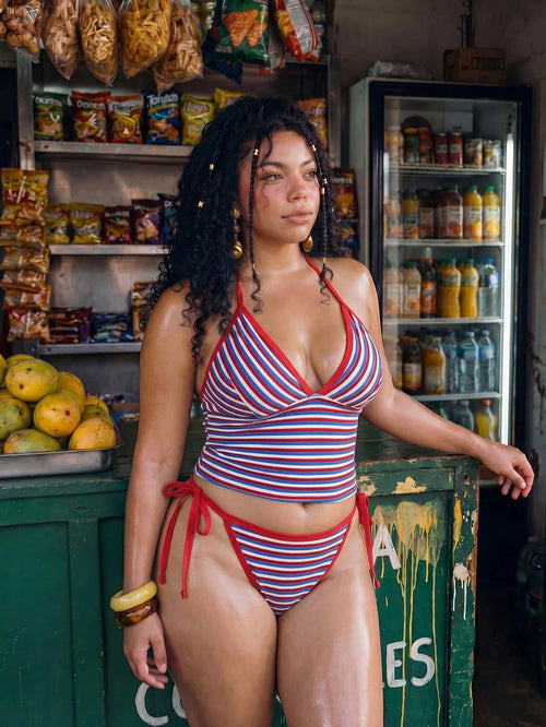 Swim Vcay 2026 New Retro Sexy Striped Bikini Two Pieces Set Halter Neck Triangle Cup Push-Up Enhancing Bust Shape Hemline Binding Side Tie Swim Bottoms Summer