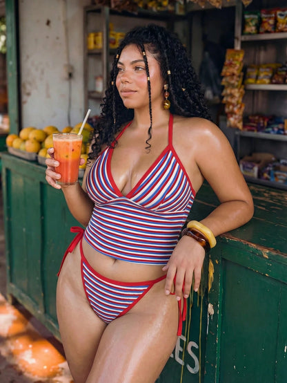 Swim Vcay 2026 New Retro Sexy Striped Bikini Two Pieces Set Halter Neck Triangle Cup Push-Up Enhancing Bust Shape Hemline Binding Side Tie Swim Bottoms Summer