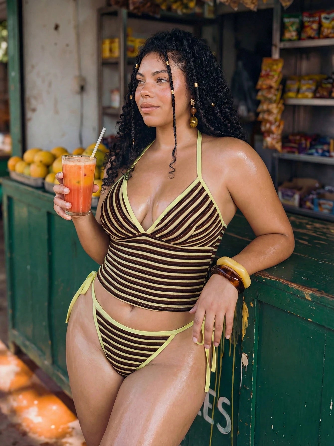 Swim Vcay 2026 New Retro Sexy Striped Bikini Two Pieces Set Halter Neck Triangle Cup Push-Up Enhancing Bust Shape Hemline Binding Side Tie Swim Bottoms Summer