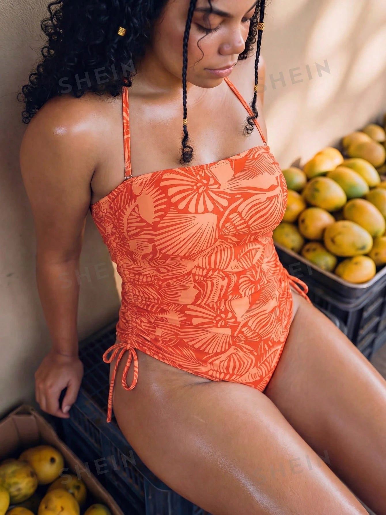 Swim Vcay 2026 New Spring/Summer Plus Size Women's Navy Blue Drawstring Bodycon Sexy Shoulder Strap Beach Party One-Piece Swimsuit