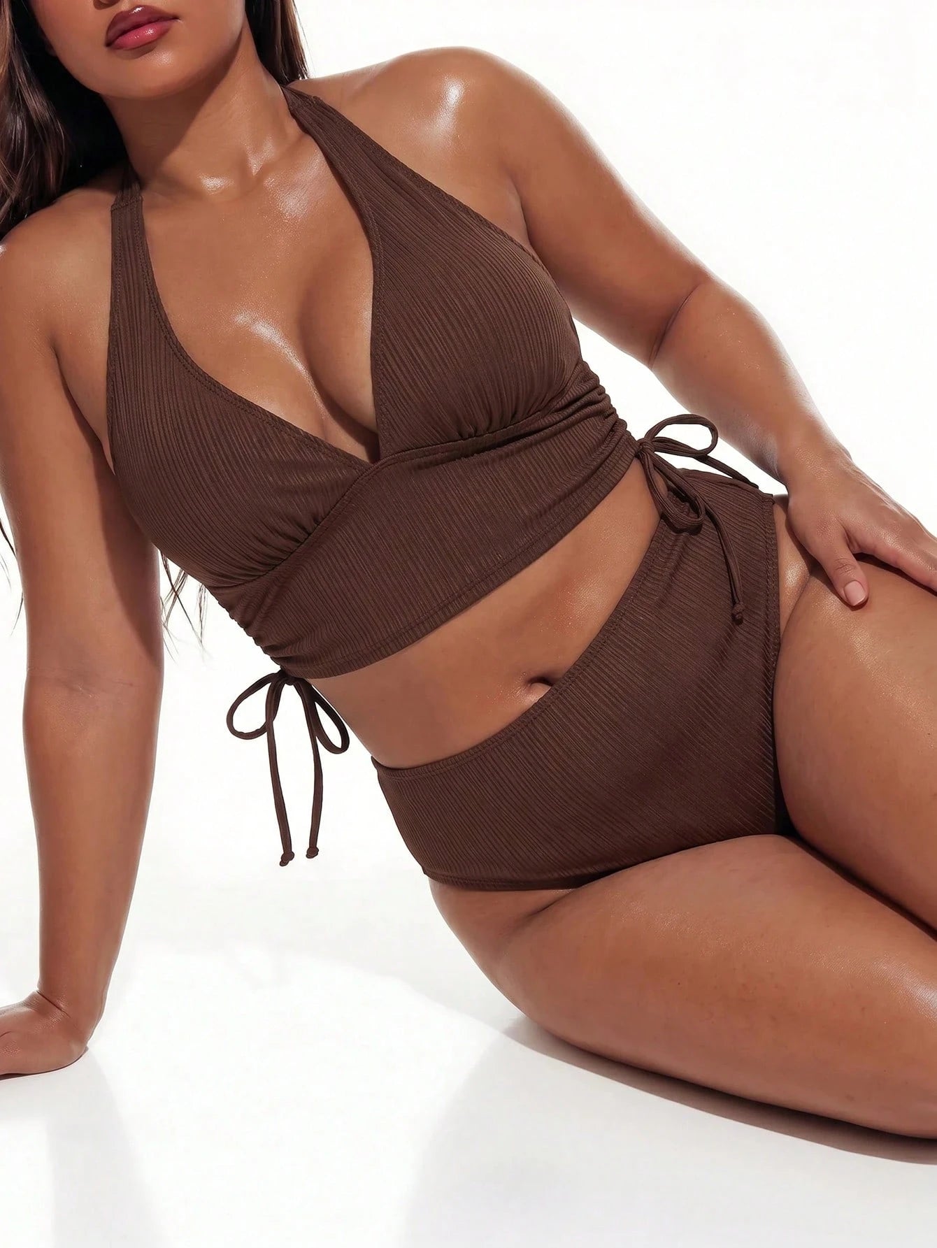 Swim Vcay 2026 Plus Size Women Summer Kawaii Beach Halter Bikini Set,V-Neck Backless Hollow Out Ruched Sides 2-Piece Swimwear Fashionable Holiday Bathing