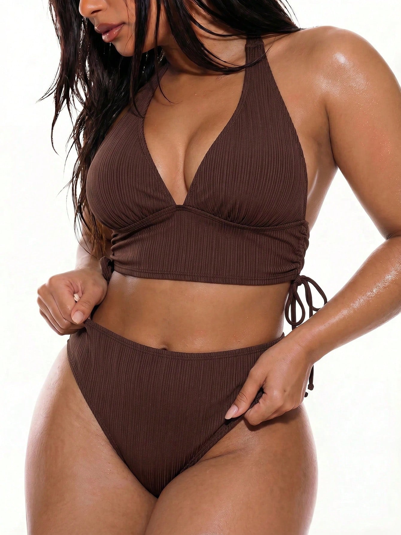 Swim Vcay 2026 Plus Size Women Summer Kawaii Beach Halter Bikini Set,V-Neck Backless Hollow Out Ruched Sides 2-Piece Swimwear Fashionable Holiday Bathing