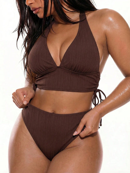 Swim Vcay 2026 Plus Size Women Summer Kawaii Beach Halter Bikini Set,V-Neck Backless Hollow Out Ruched Sides 2-Piece Swimwear Fashionable Holiday Bathing
