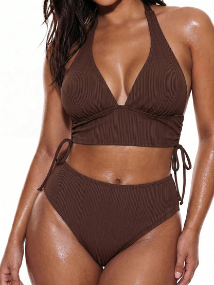 Swim Vcay 2026 Plus Size Women Summer Kawaii Beach Halter Bikini Set,V-Neck Backless Hollow Out Ruched Sides 2-Piece Swimwear Fashionable Holiday Bathing
